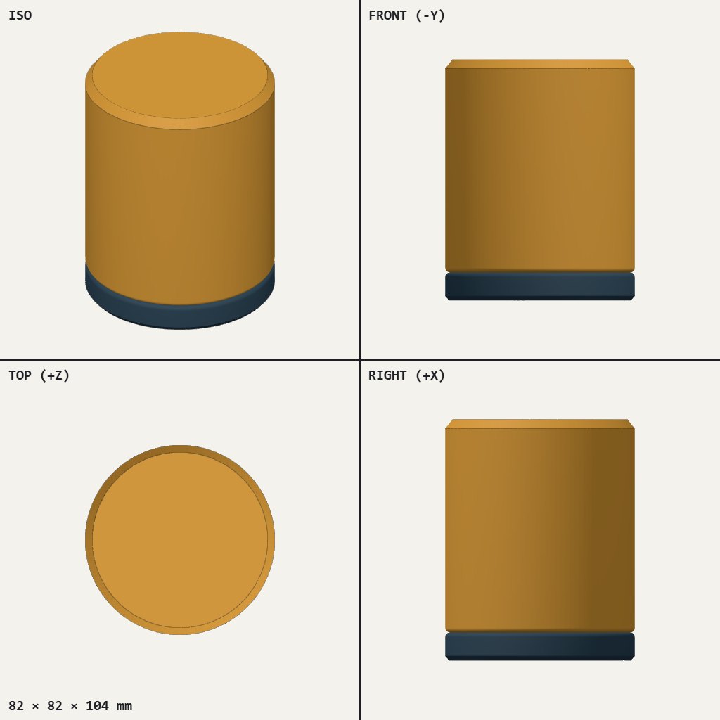 Tall round box with a golden sleeve sitting on a dark blue base
