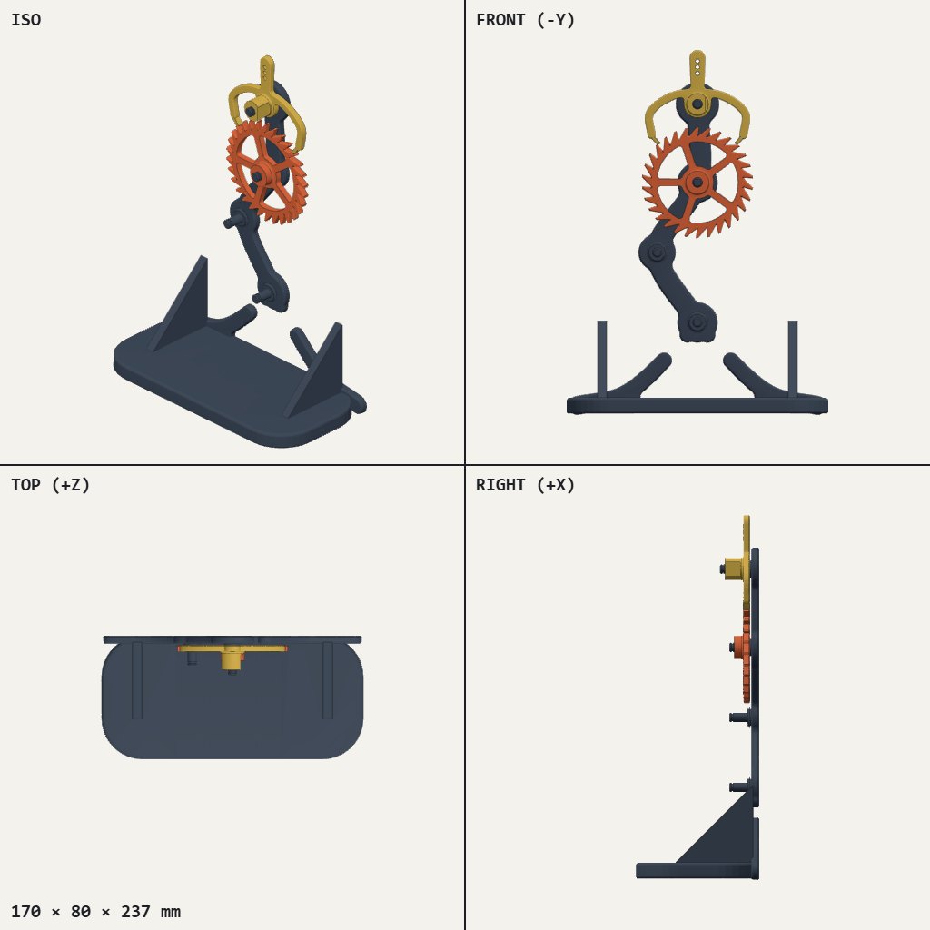 Orange toothed wheel under a gold rocking anchor, mounted upright on a flat dark foot with two braces