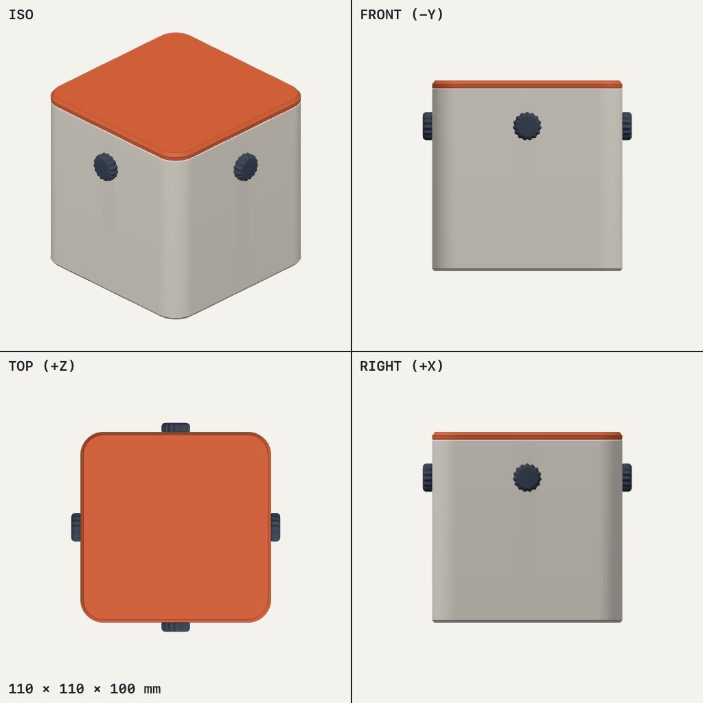 Square box with a flat orange lid and a small dark knurled screw on each side