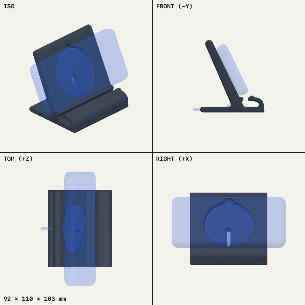 Dark phone stand leaning back on a flat base, with a round charger recess and cable slot in the back