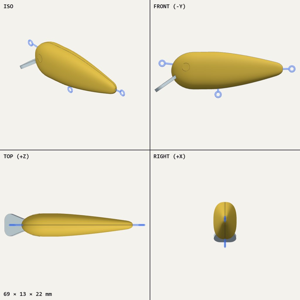 Yellow teardrop fishing lure with a flat bib at the nose and small wire loops on nose, belly and tail