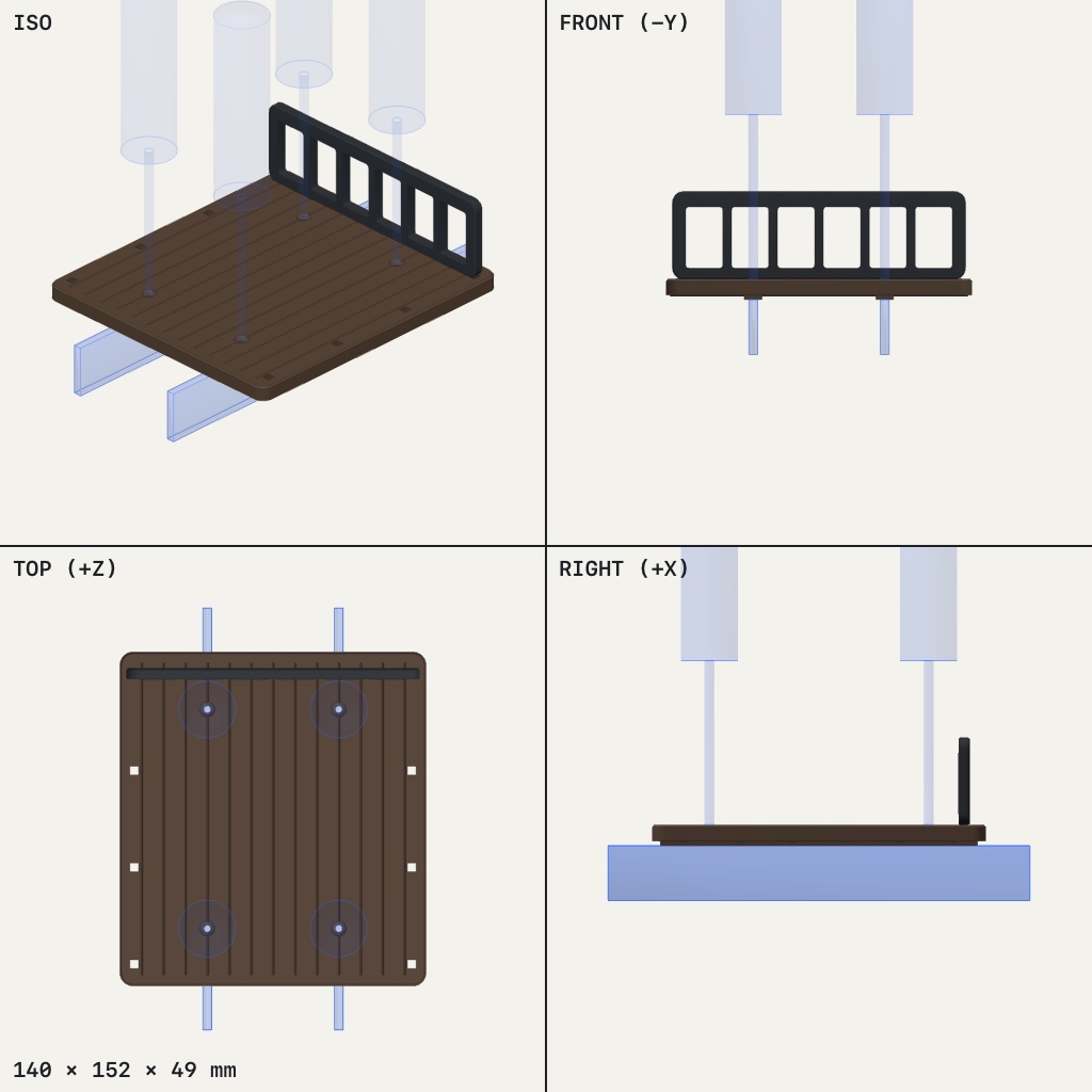 Flat brown plank-grooved deck with a black slatted rack along one edge, shown over chassis rails