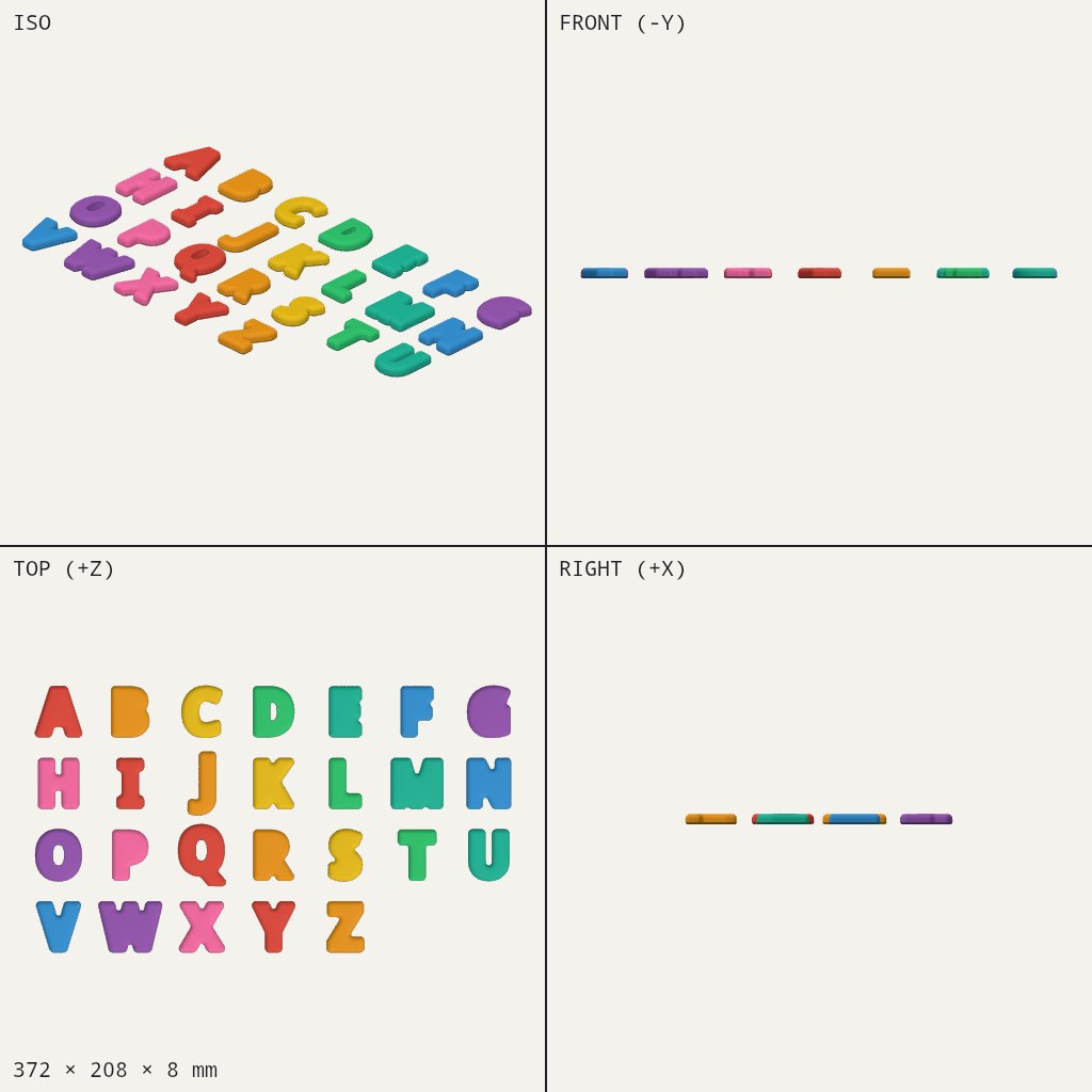 Twenty-six chunky rounded letters from A to Z laid out in four rows, in bright colours