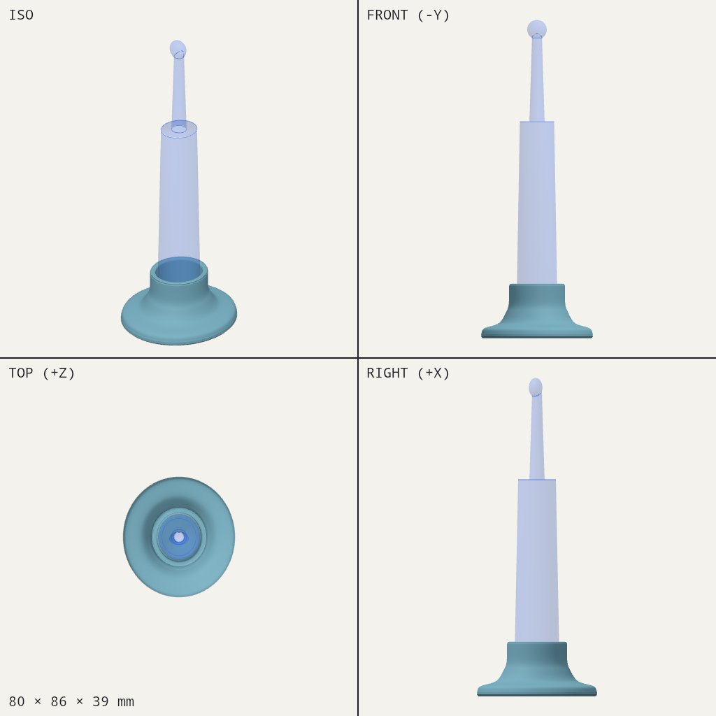 Round flat foot with a short socket on top holding an upright electric toothbrush handle