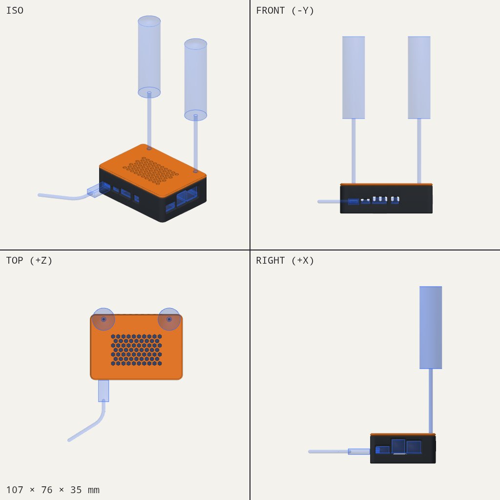 Low black box with an orange vented lid and port openings along the sides, with a cable plugged in