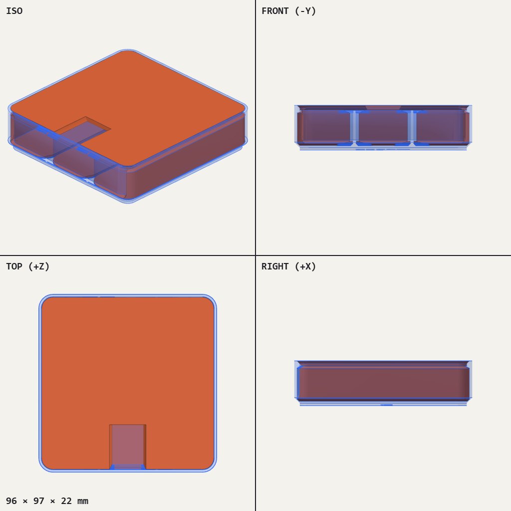 Flat square tray holder with a rounded top plate and a rectangular notch at the front edge