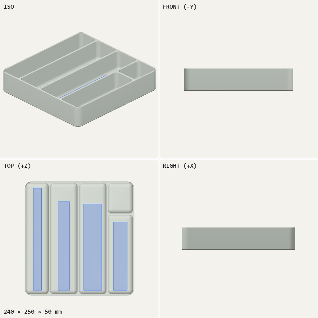 Shallow drawer tray divided into four long slots and one small square pocket, with rounded corners