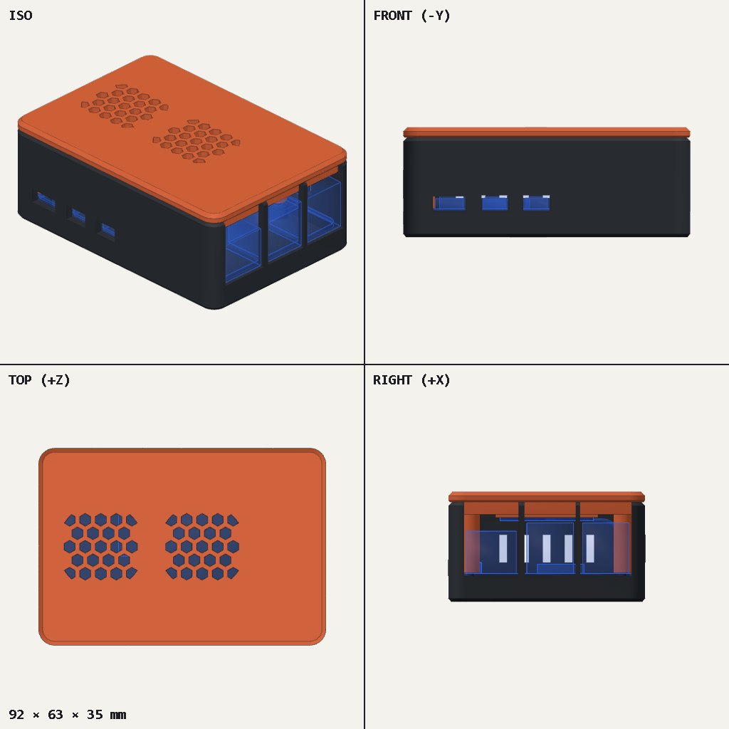 Orange-lidded black Pi case with two honeycomb vent patches on top and port openings along the sides