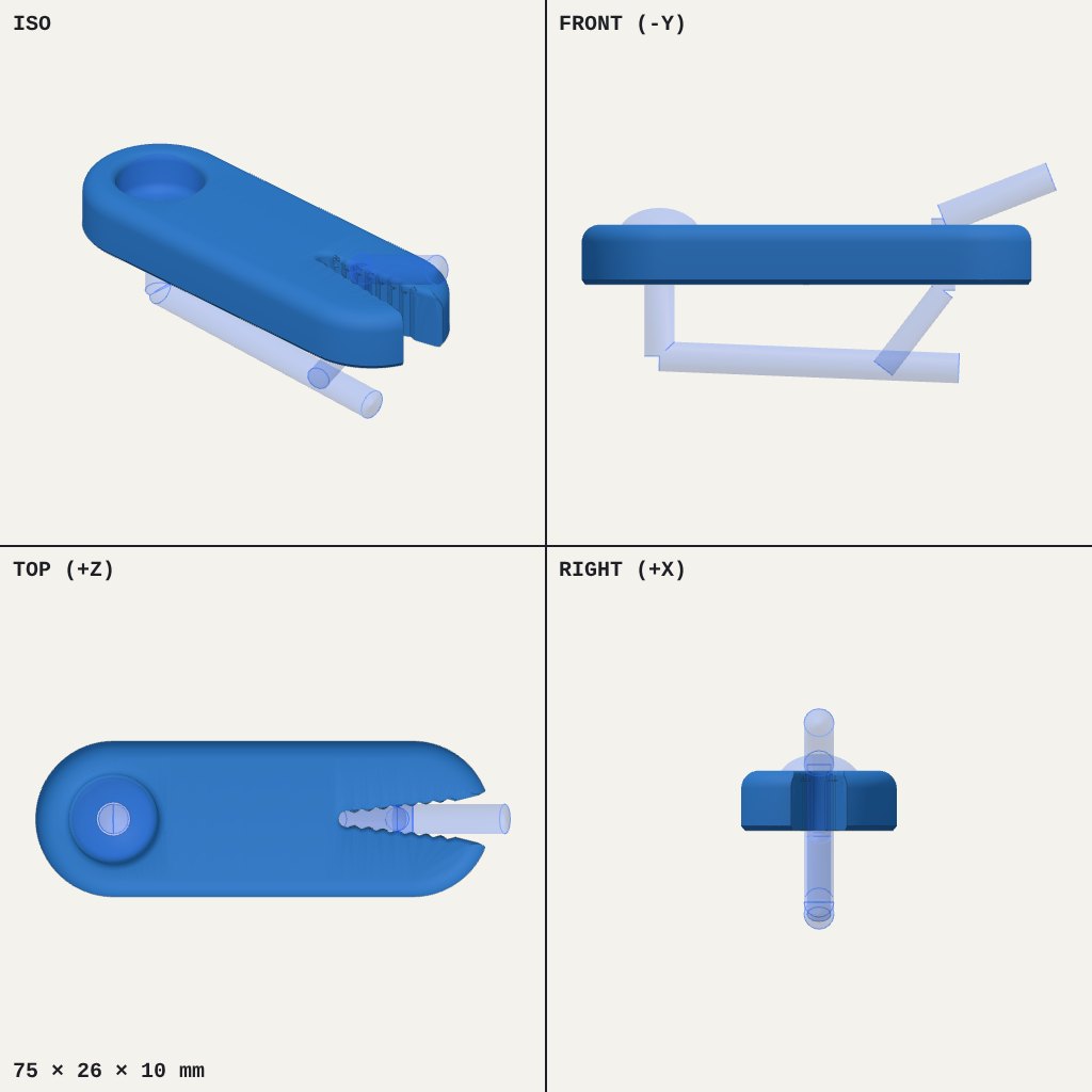 Flat blue oval tab with a toothed slot at one end and a round recess at the other, with a cord running through