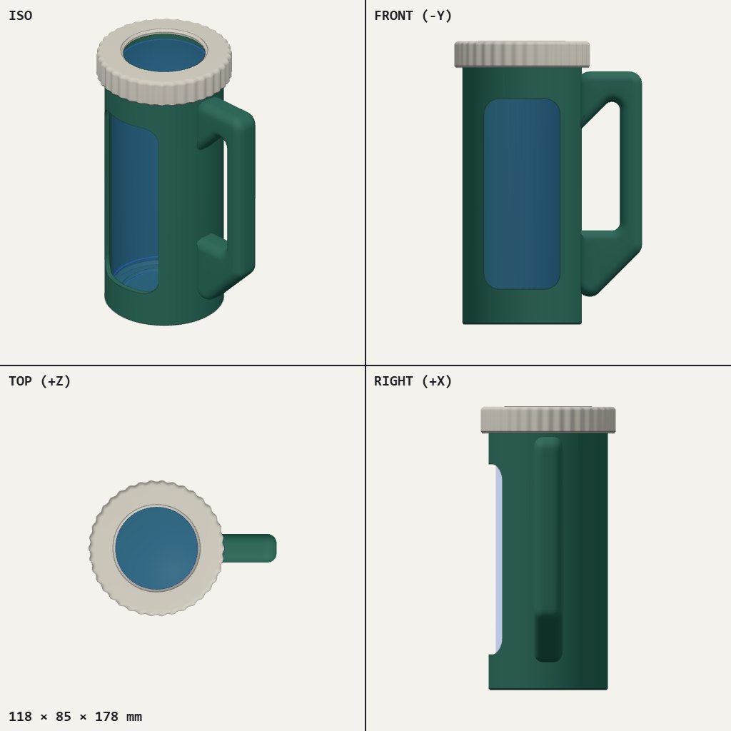 Tall green cylinder with a side handle, a rounded front window and a ridged screw-on ring at the top