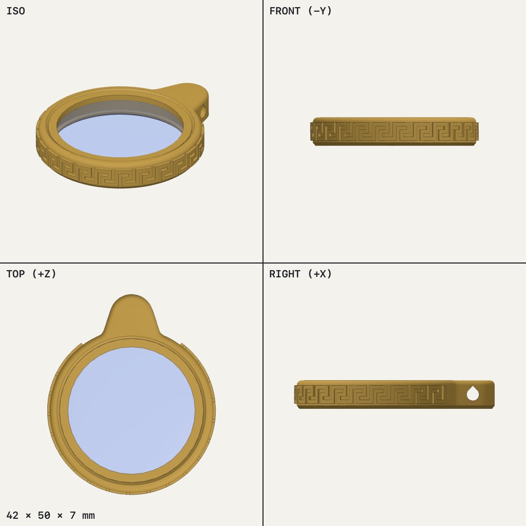 Round gold pendant ring with a Greek key pattern around the edge and a small cord tab on top
