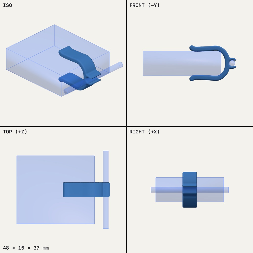 Blue U-shaped clip hooked over a flat desk edge with a small round loop holding a thin cable