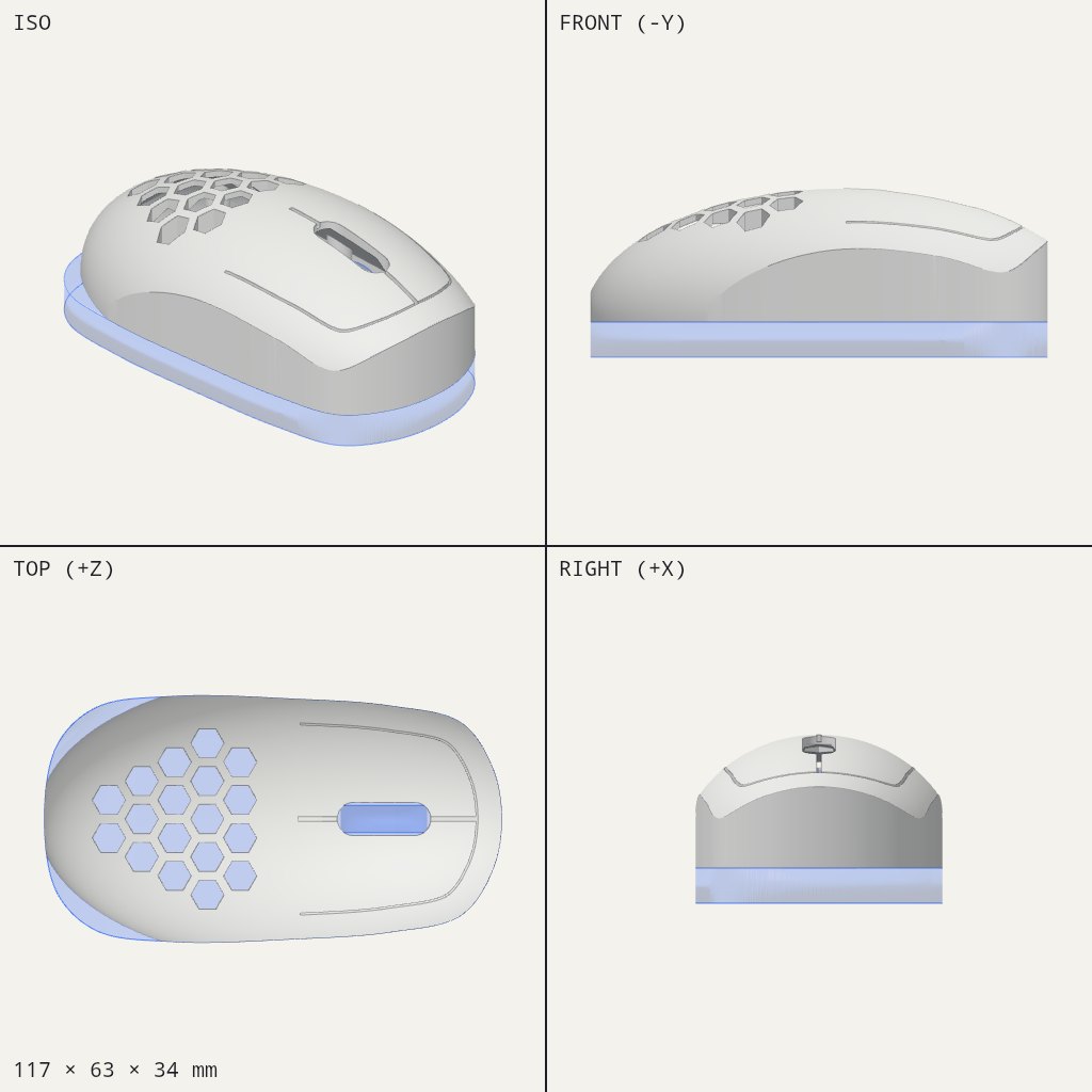 Pale mouse shell with a honeycomb of hexagon holes at the back and a wheel slot near the middle