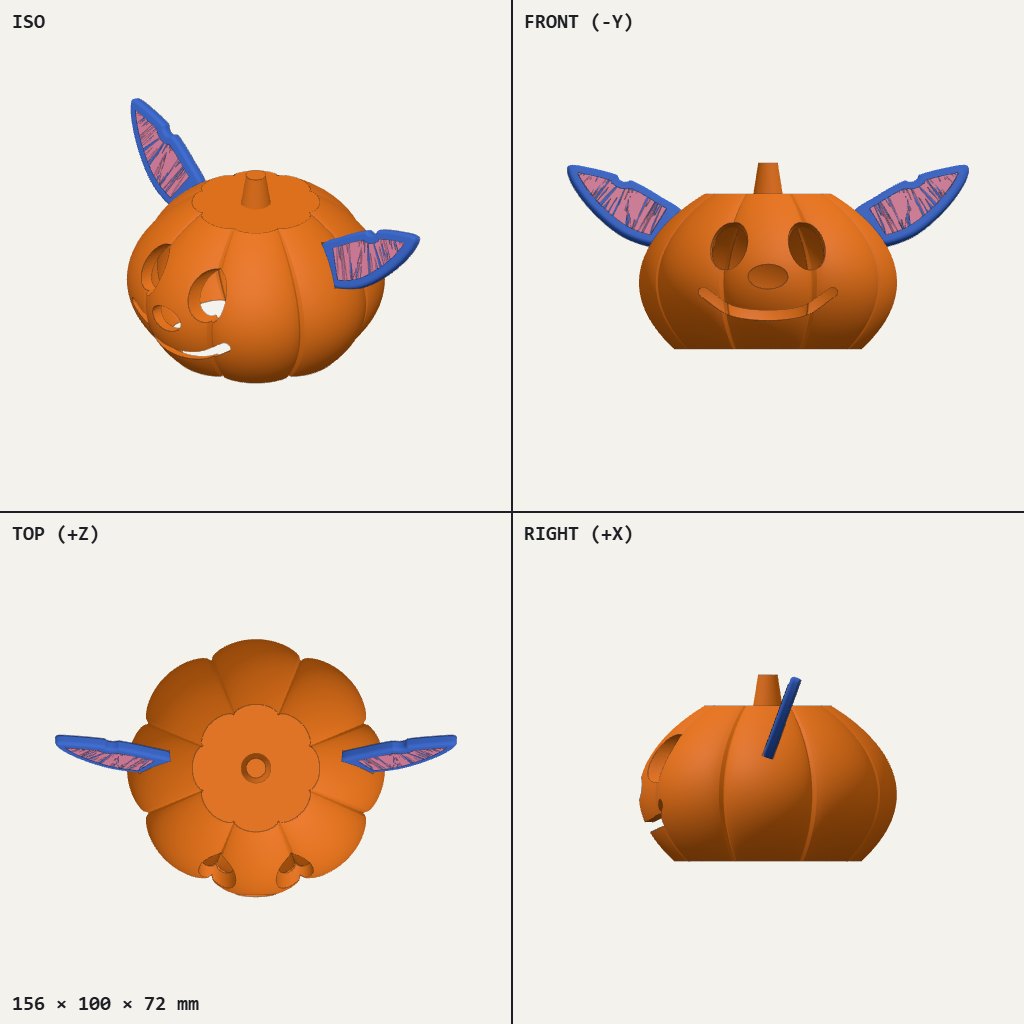 Orange ribbed pumpkin with a carved smiling face, a short stem and two large blue ears
