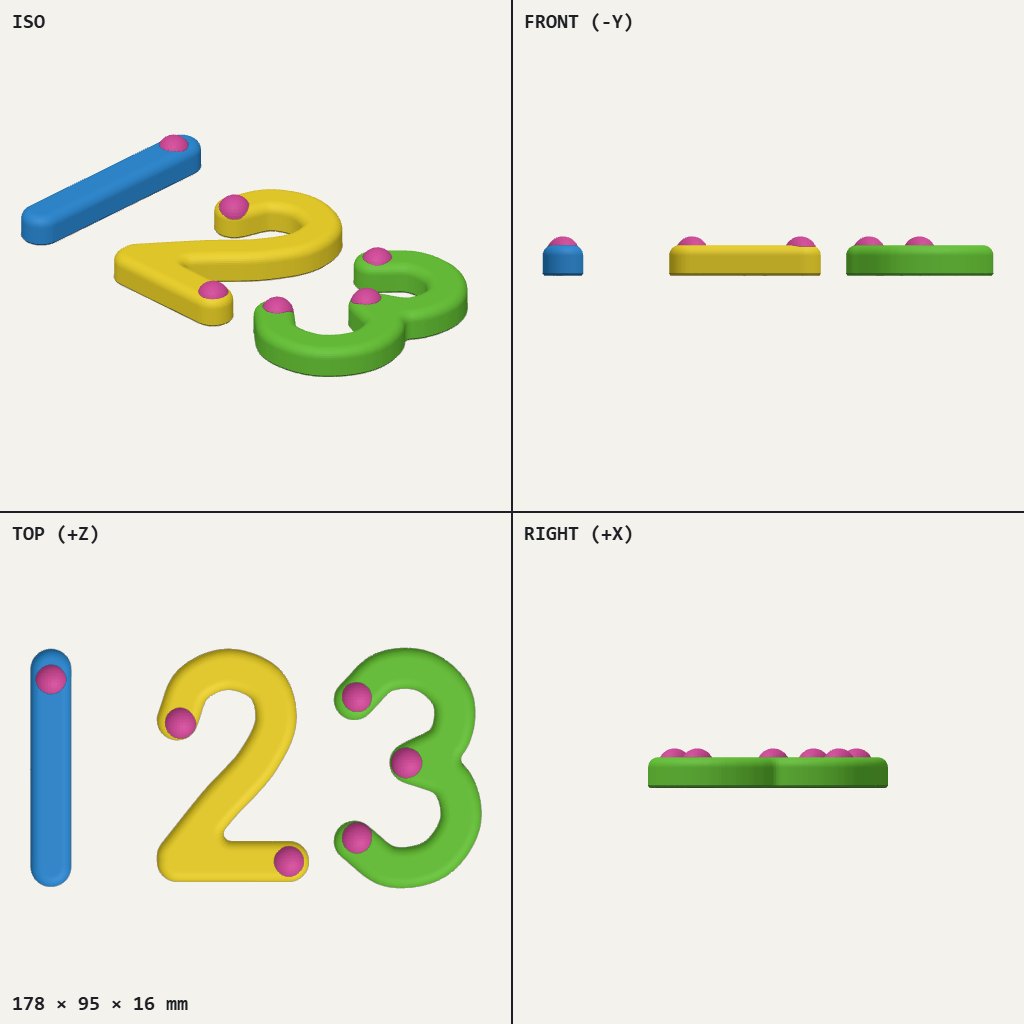 Blue 1, yellow 2 and green 3 chunky numerals with raised pink dots on each