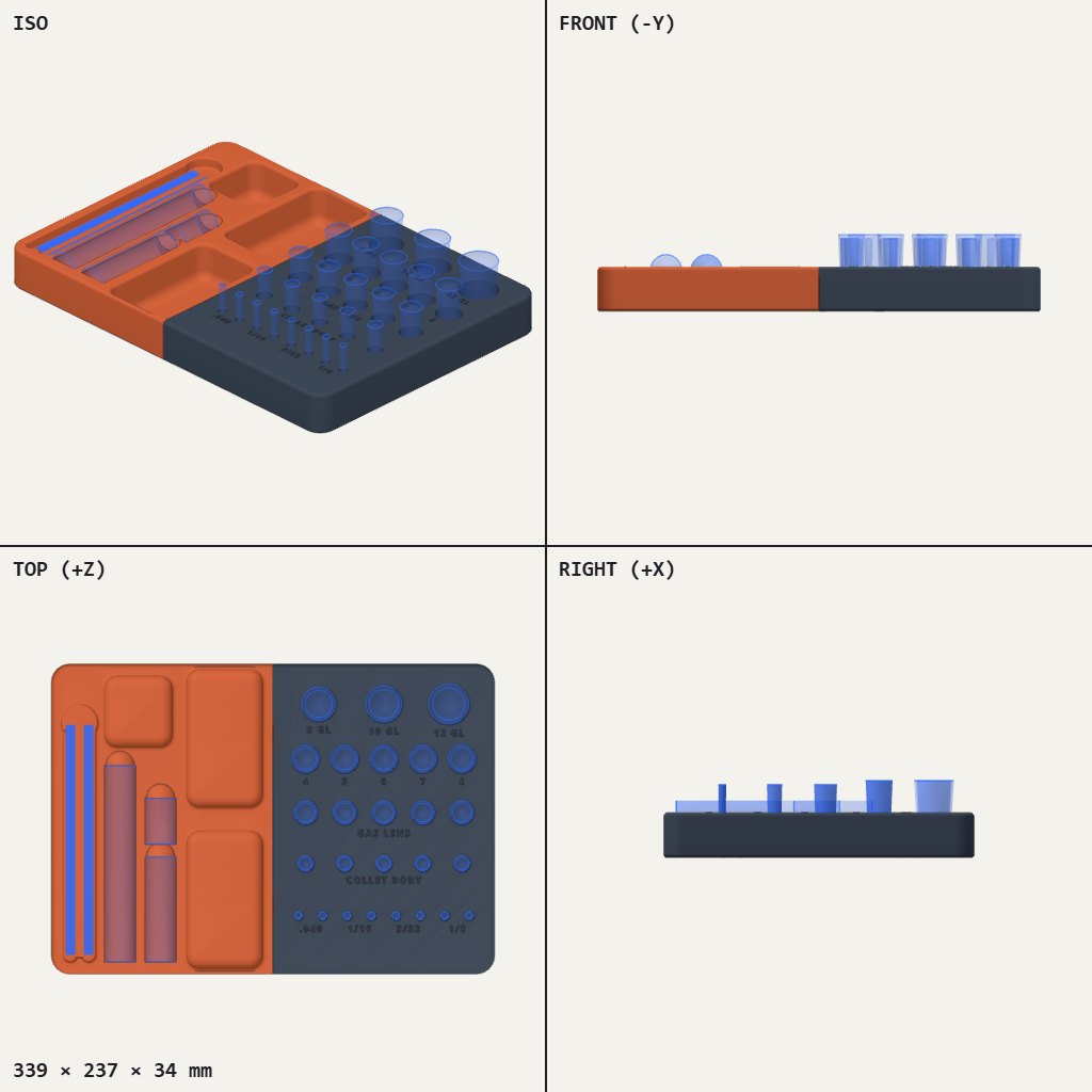 Rectangular tray, orange on one side and dark gray on the other, with rows of round holes and long slots