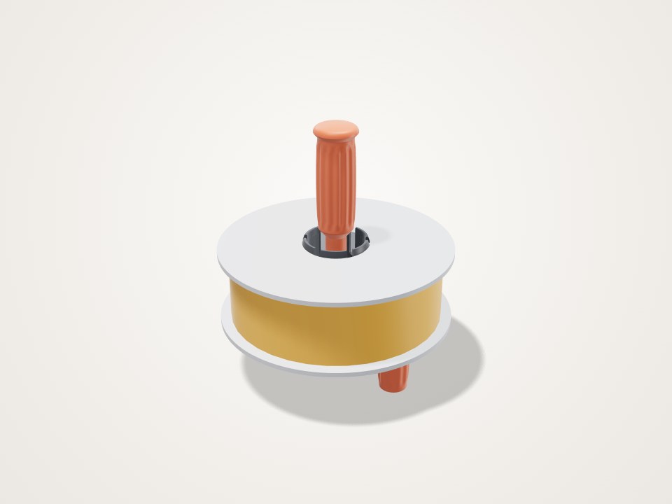 Filament spool with white flanges and a yellow core, with an orange crank handle through the centre