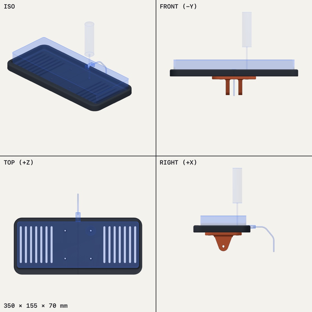 Flat dark keyboard tray with slotted vents and a clear rim, with two brackets underneath